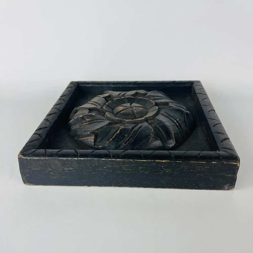 Rustic Carved Wood Dark Brown Decorative Wall Decor Square 8” - Picture 2 of 4